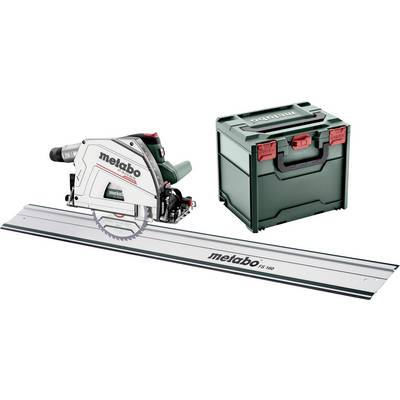 Metabo accuboormachine zonder snoer met geleiderail en transportkoffer, weergegeven als gereedschappenset voor nauwkeurig zagen.