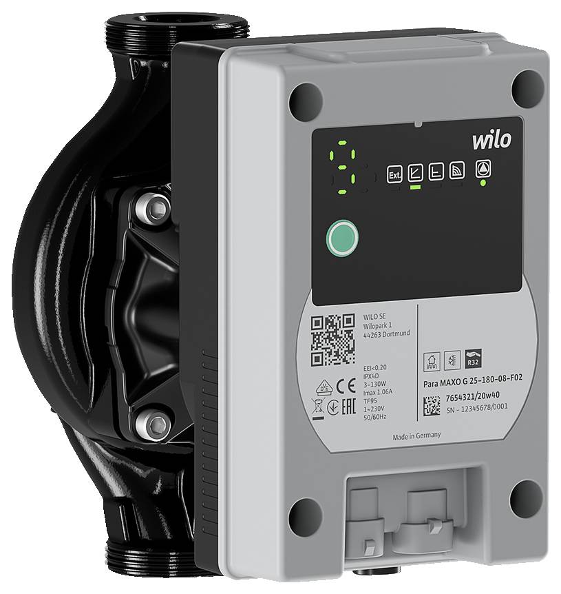 Een zwart-grijze Wilo-motorpomp met digitaal display en functie-iconen, met technische specificaties zoals model 'Para MAXO 6-25'. Gemaakt in Duitsland.