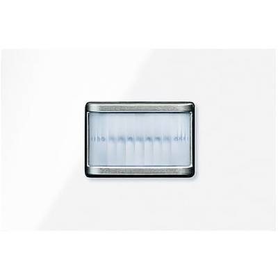 Een klein rechthoekig LED-indicatorlampje op een witte achtergrond, omgeven door een metalen behuizing.