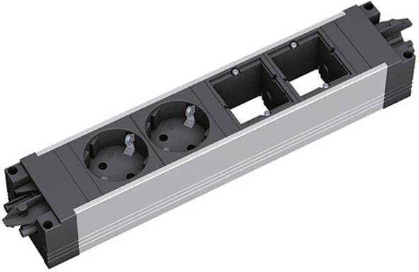 Een stroomverdeeleenheid met twee Europese stekkercontacten en twee lege modulesleuven, ontworpen voor integratie in bureaus of werkruimten.