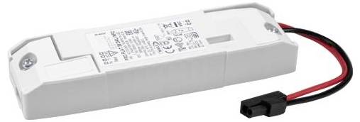 Rechthoekige witte LED-driver met zwarte en rode draden en connector, met verschillende gedrukte specificaties op het oppervlak.