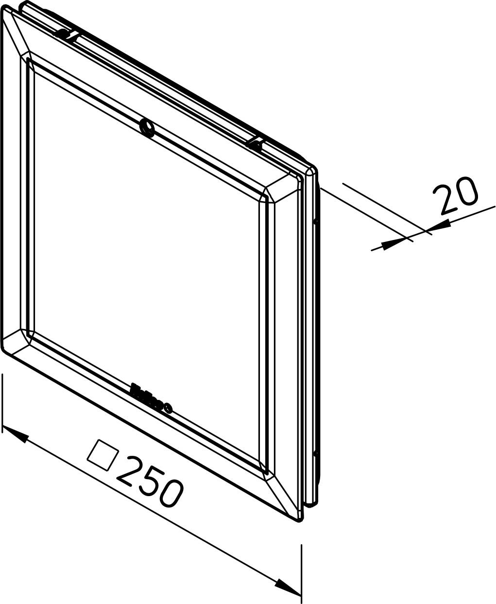 Technische tekening van een vierkant paneel of frame, gelabeld 250 breed en 20 diep, weergegeven in perspectief met dimensiepijlen.