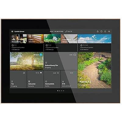 Een slimhuisbedieningspaneel met temperatuur, verlichting, weersinformatie, beveiligingscamerafeed en automatiseringsopties in een thuisinterface.