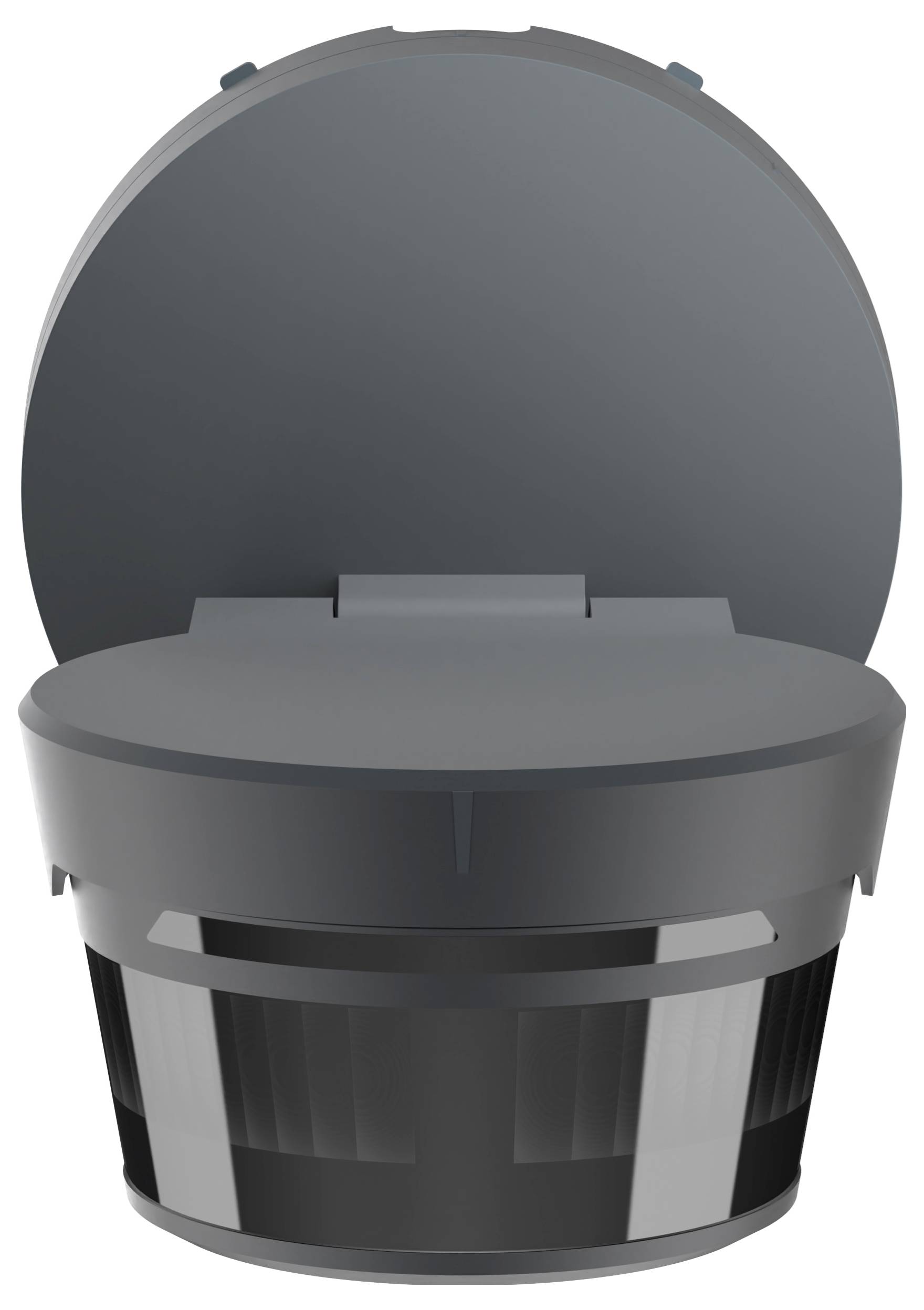 Een donkergekleurde, ronde robotstofzuiger met een plat bovenkant, met een open deksel, waarschijnlijk ontworpen voor geautomatiseerde schoonmaaktaken.