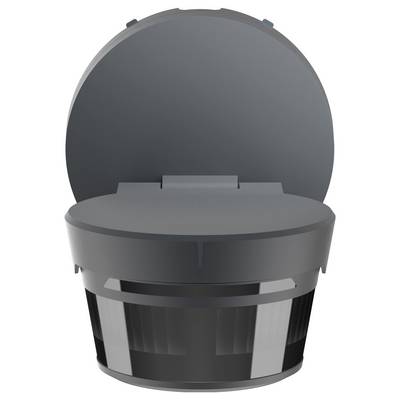 Een donkergekleurde, ronde robotstofzuiger met een plat bovenkant, met een open deksel, waarschijnlijk ontworpen voor geautomatiseerde schoonmaaktaken.