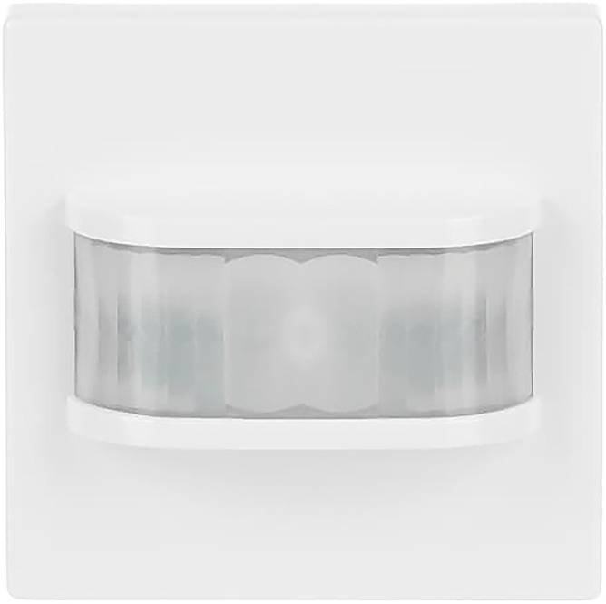 Een aan de muur gemonteerde bewegingsmelder met een wit rechthoekig frame, voorzien van een centraal doorschijnend lens ontworpen om beweging op te sporen voor verlichtings- of beveiligingssystemen.