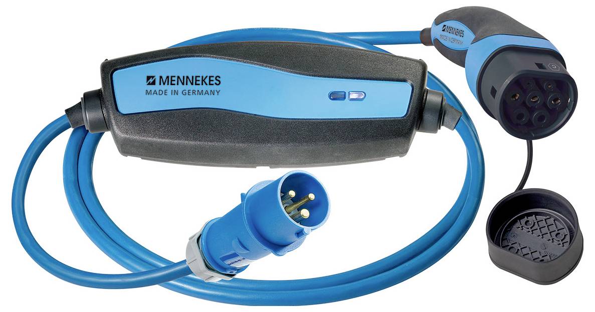 'Blauwe en zwarte MENNEKES elektrische voertuigoplaadkabel met connectoren en doppen.'