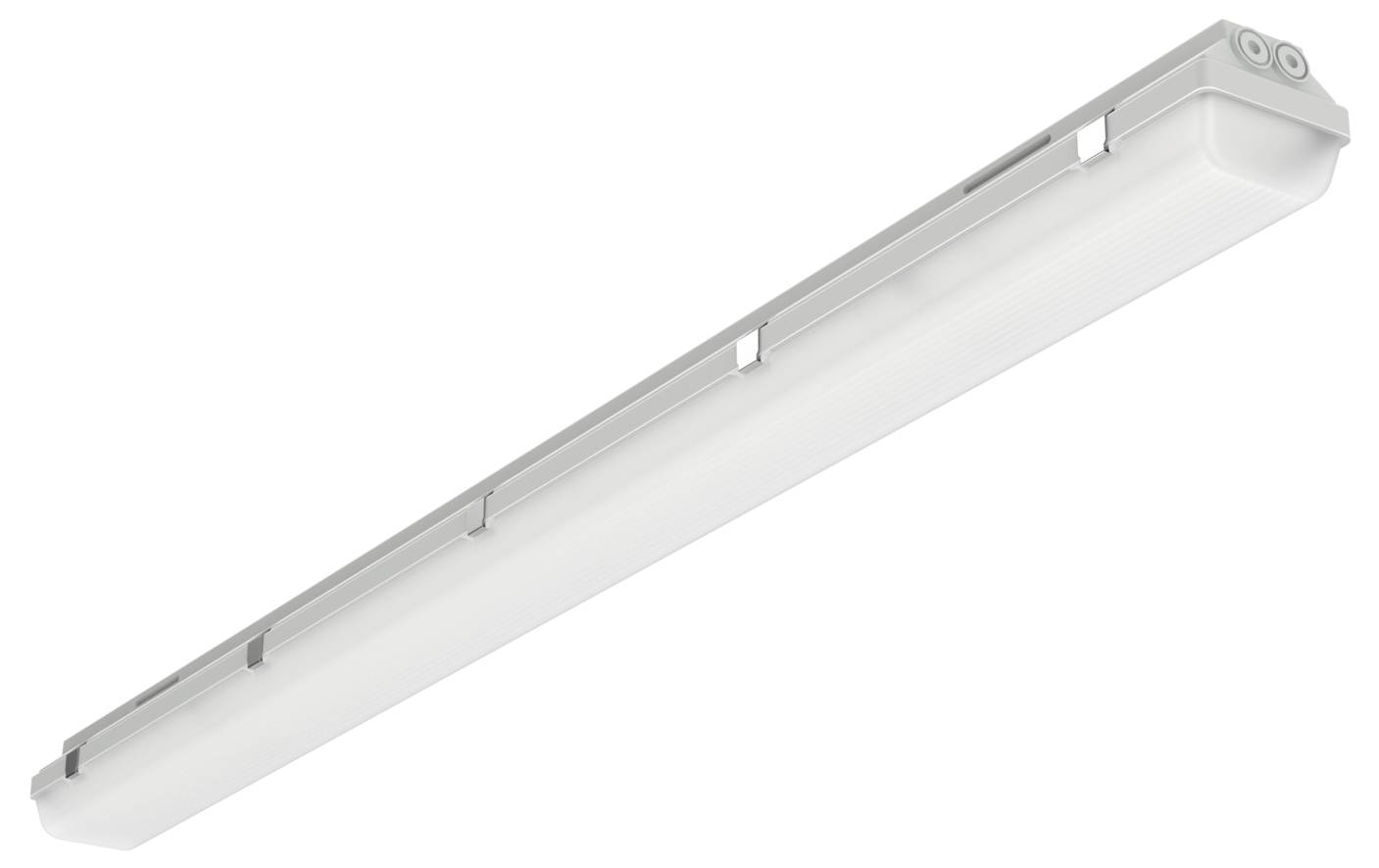 Wit rechthoekig fluorescent lichtarmatuur met lange doorzichtige diffuser en metalen behuizing, weergegeven onder een hoek op een effen witte achtergrond.