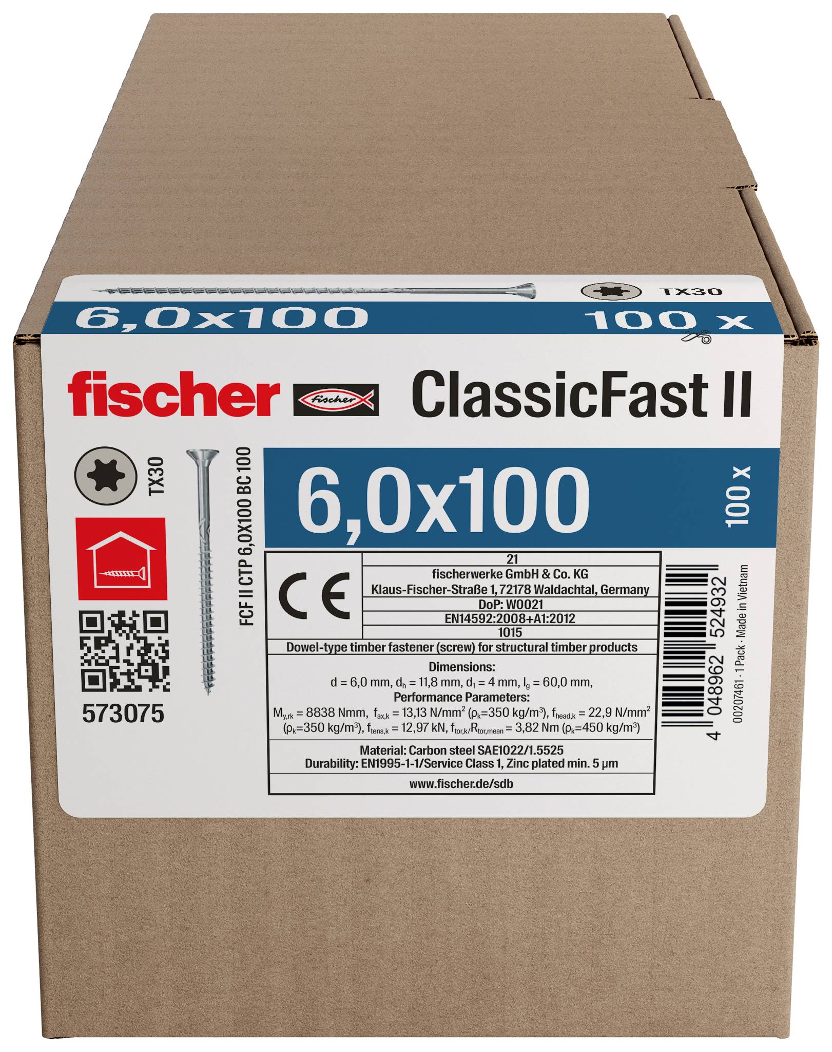 Kartonnen doos met fischer ClassicFast II schroeven gelabeld 6.0x100, 100 stuks, met productdetails en streepjescode op de voorkant.