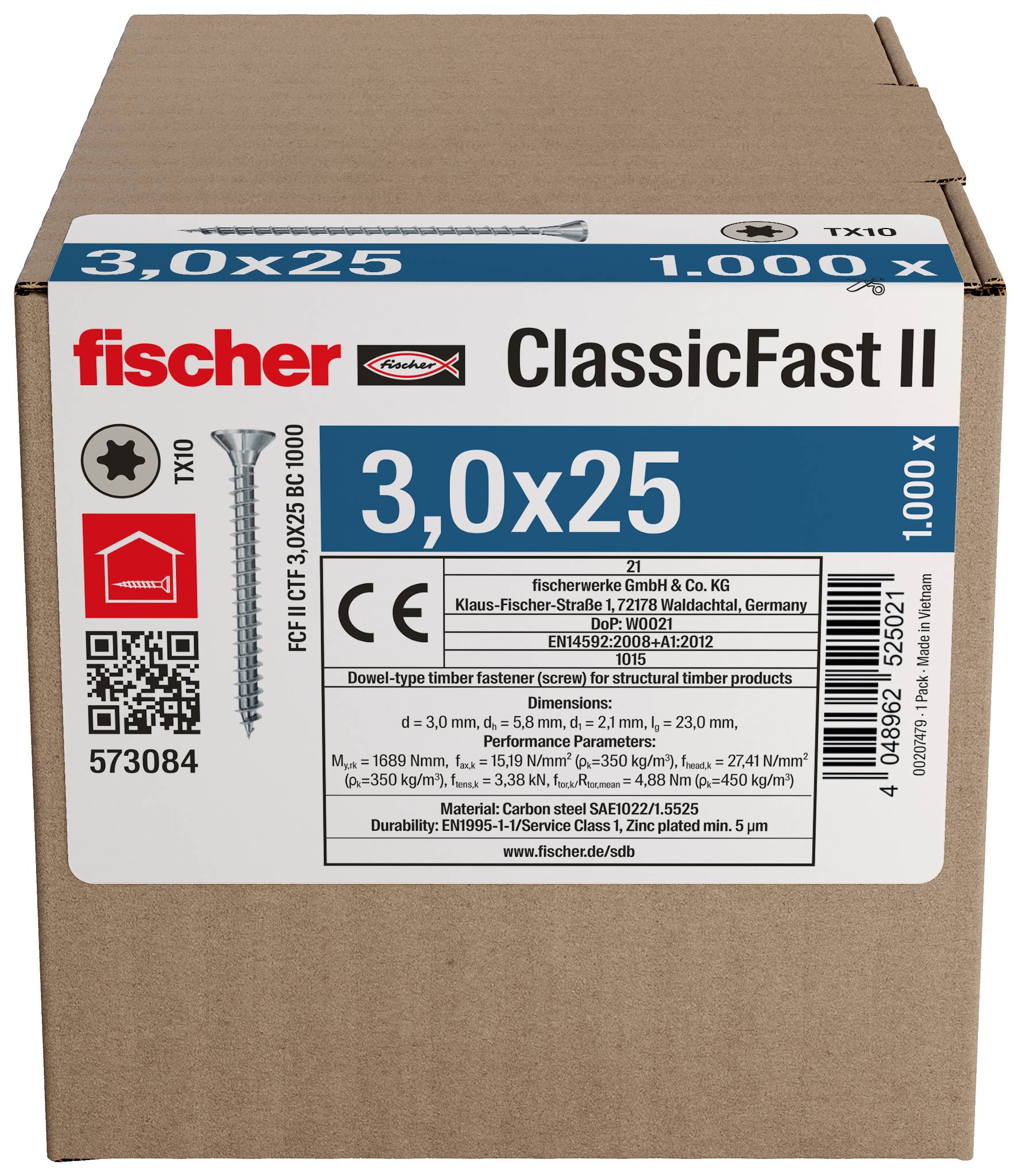 Kartonnen doos Fischer ClassicFast II TX10 houtschroeven, gelabeld 3,0x25 en 1.000 stuks.