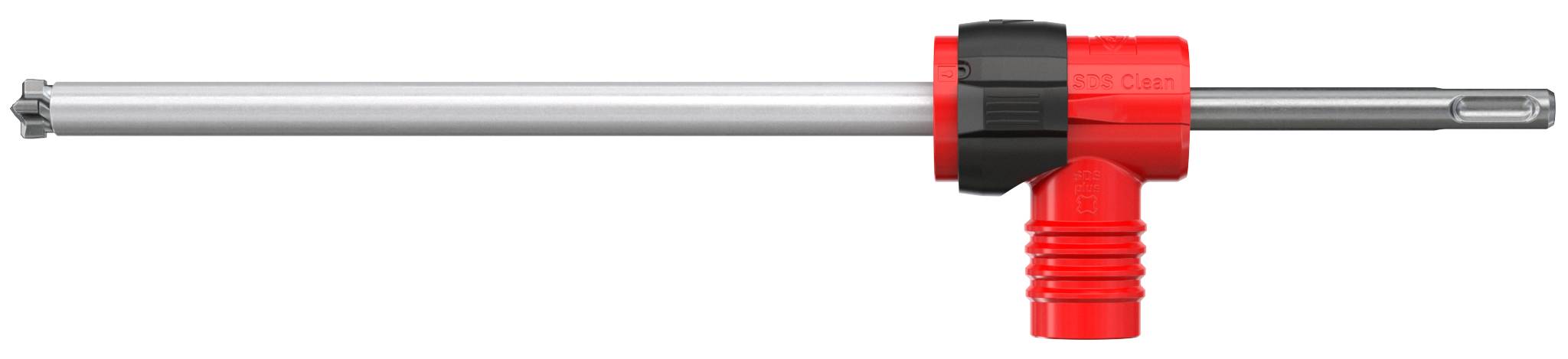 Rode buisvormige pijpsnijder met een zwarte instelknop geklemd op een zilveren metalen pijp, weergegeven van opzij.