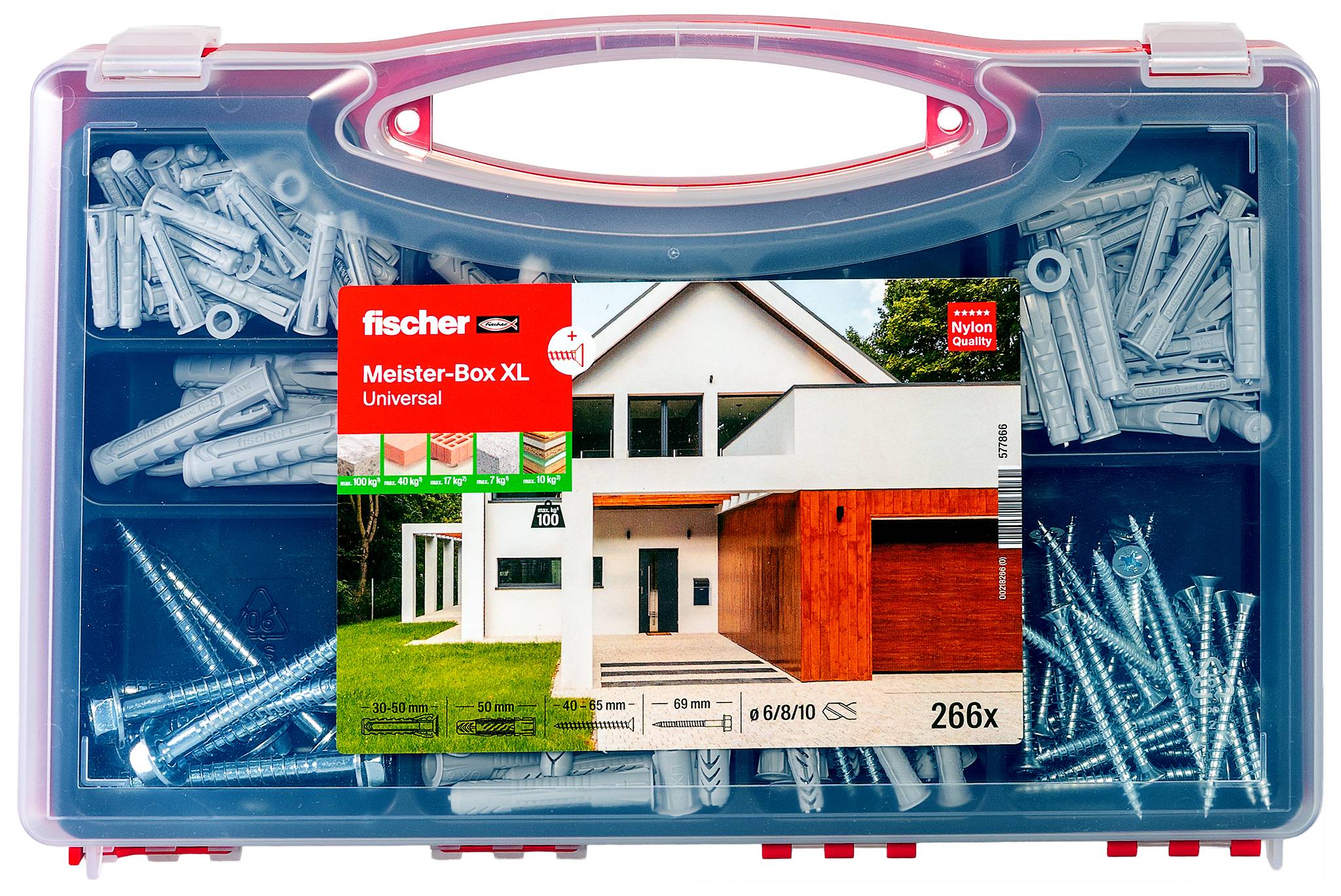 Kunststof organizer doos gelabeld 'fischer Meister-Box XL Universal' gevuld met assorteerde wandplugs en schroeven, weergegeven als een 266-delige bevestigingsserie.