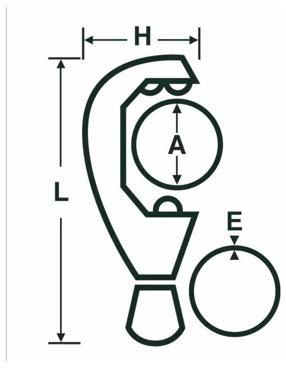 Diagram van een klemgereedschap met aangegeven afmetingen H, L, A en E rond het onderdeel en een cirkelvormig werkstuk