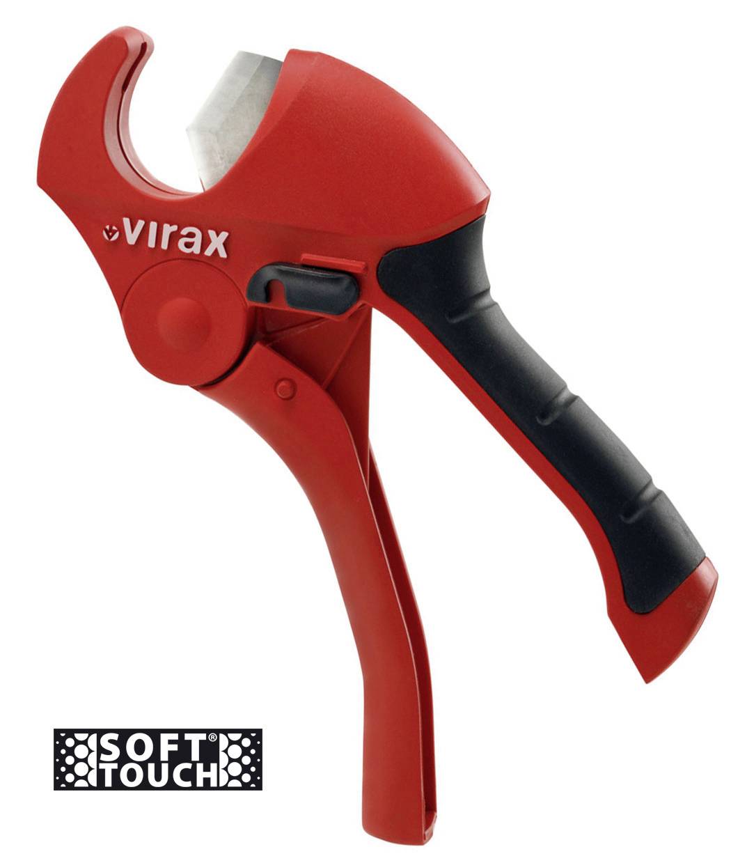 Rode Virax pijpsnijder met zwart handvat en blad, afgebeeld op witte achtergrond met 'SOFT TOUCH'-label.