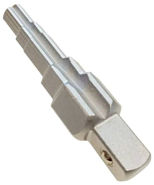 Metalen zeskantige bitsleutel met vierkante aandrijfuiteinde, getoond op een witte achtergrond.