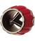Close-up van een rood, gegroefde cilindrisch metalen gereedschap met een hol centrum en interne bladen, afgebeeld op een witte achtergrond.