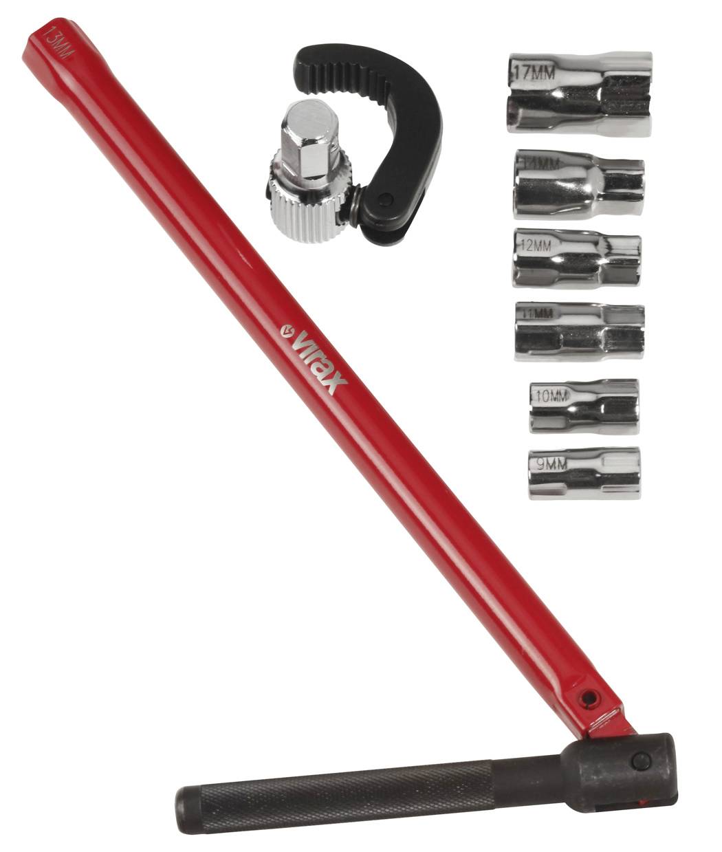 Rode VicTorx breaker bar gereedschap met zwart handvat, ratelend koppelingsstuk en zes chromen socketaanzetstukken weergegeven op witte achtergrond.