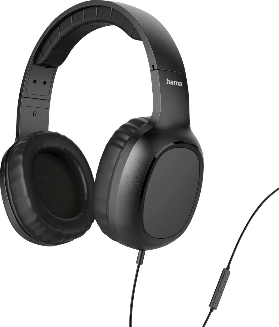 Zwarte over-ear koptelefoon met kabel en ingebouwde microfoon. De merknaam 'hama' is zichtbaar op de hoofdband.