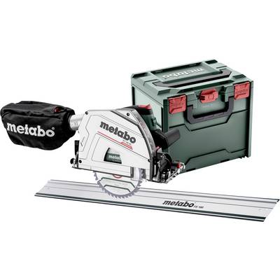 Metabo cirkelzaag met geleiderail, stofzak en transporttas op een witte achtergrond.