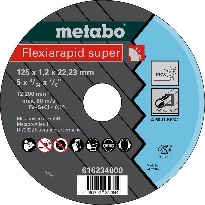 Metabo Flexiarapid super snijschijf label met afmeting 125 x 1,2 x 22,23 mm, voor roestvrijstaal, max. 12.200 omwentelingen per minuut, en streepjescode.