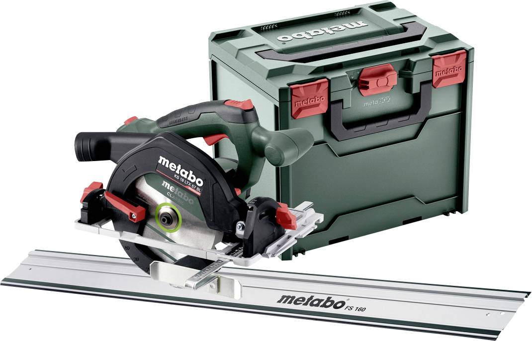 Metabo acculoopzaag met geleiderail en transportkoffer, weergegeven als een elektrogereeedschapset voor recht snijden.