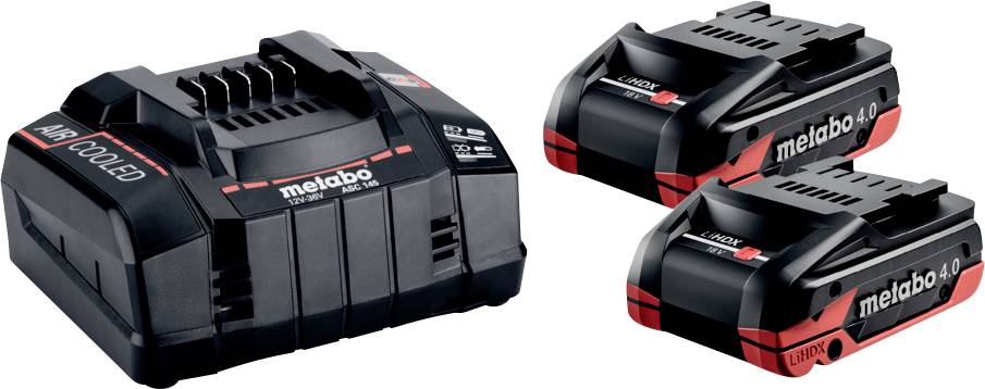 Een Metabo-batterijlader en twee Metabo 4.0 LiHD-batterijen, die geavanceerde laadtechnologie met luchtkoelingsfuncties benadrukken.