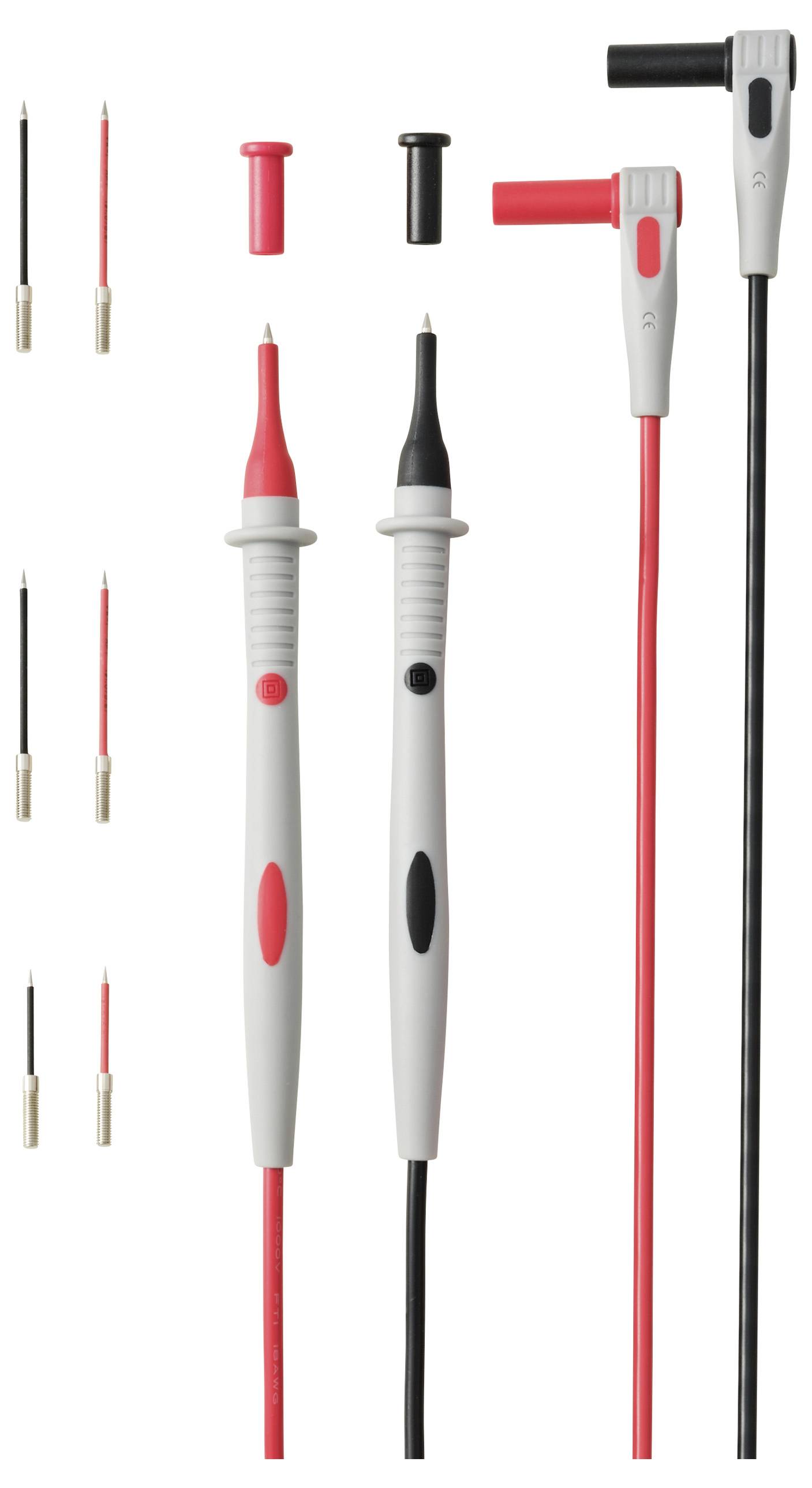 Twee multimeter-sondes met rode en zwarte kabels, omgeven door meerdere uitwisselbare sondetips en connectoren.