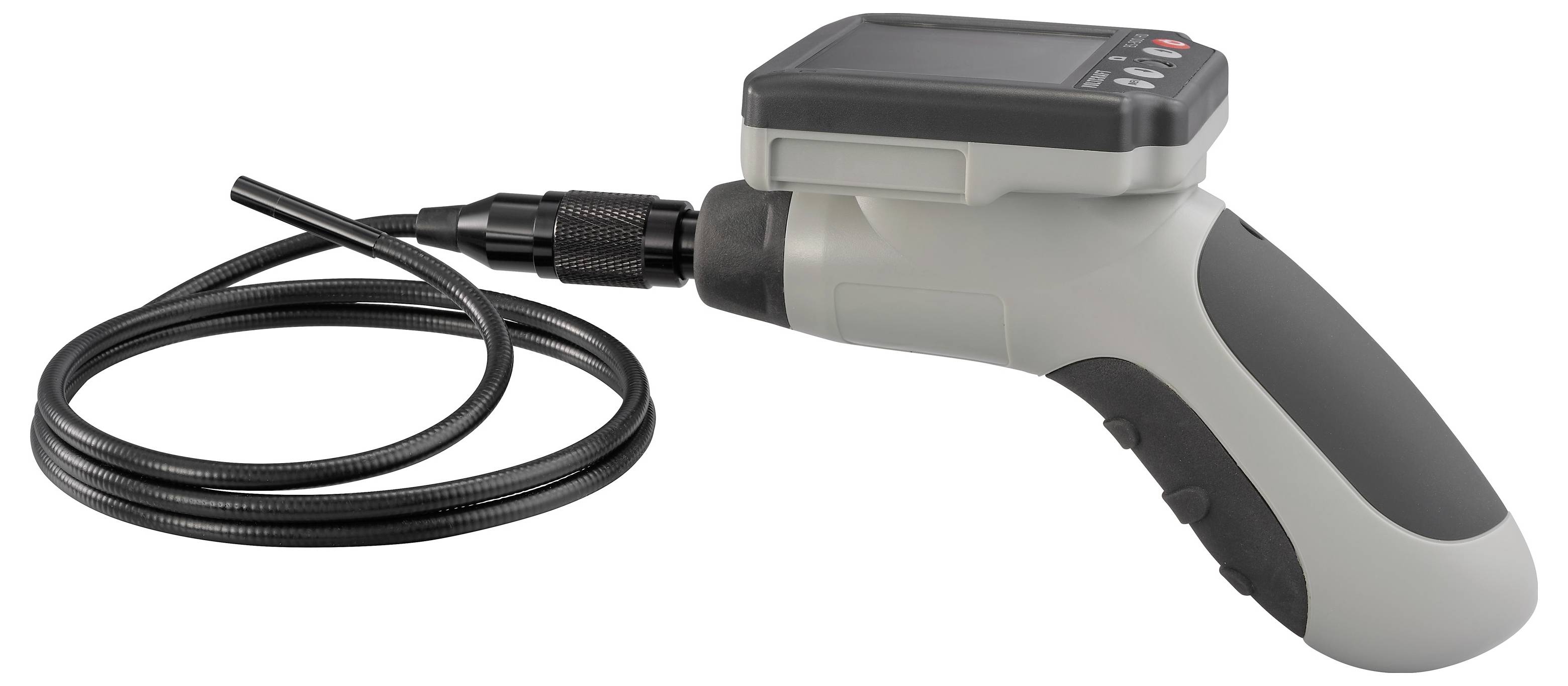 Handheld borescoopcamera met flexibele sonde en ingebouwd scherm, getoond op een witte achtergrond.