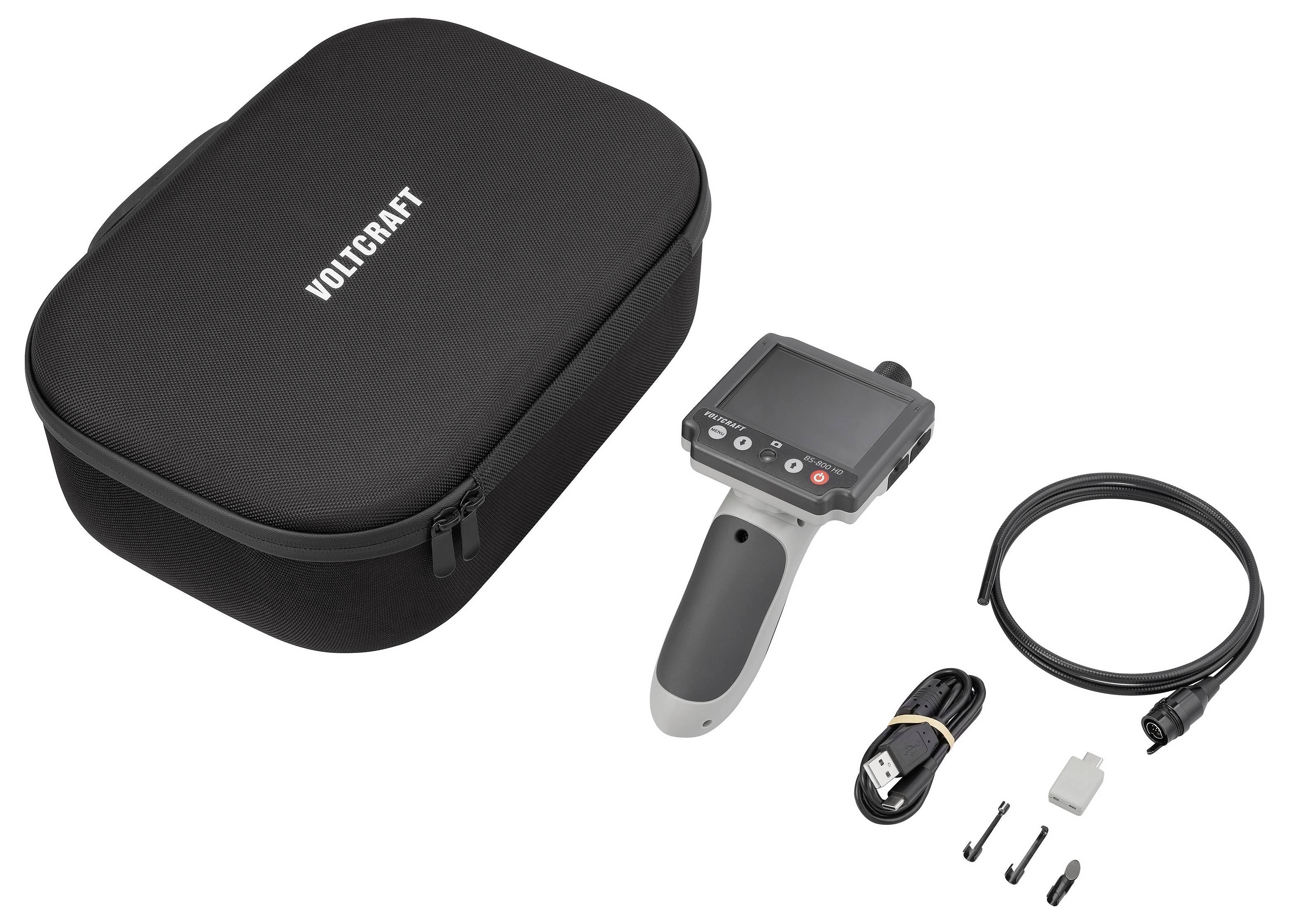 Voltcraft draagbare inspectiecamerase met draagtas, displayprobe, kabel, USB-aansluiting en kleine accessoires op een witte achtergrond.