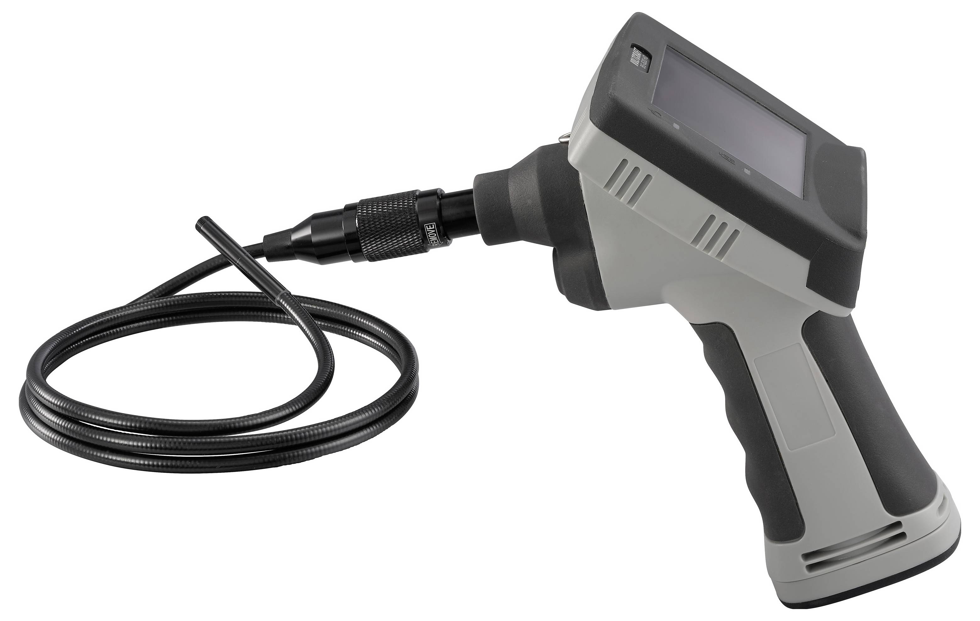 Draagbare inspectiecamera met een flexibele kabel en sonde, weergegeven op een witte achtergrond.