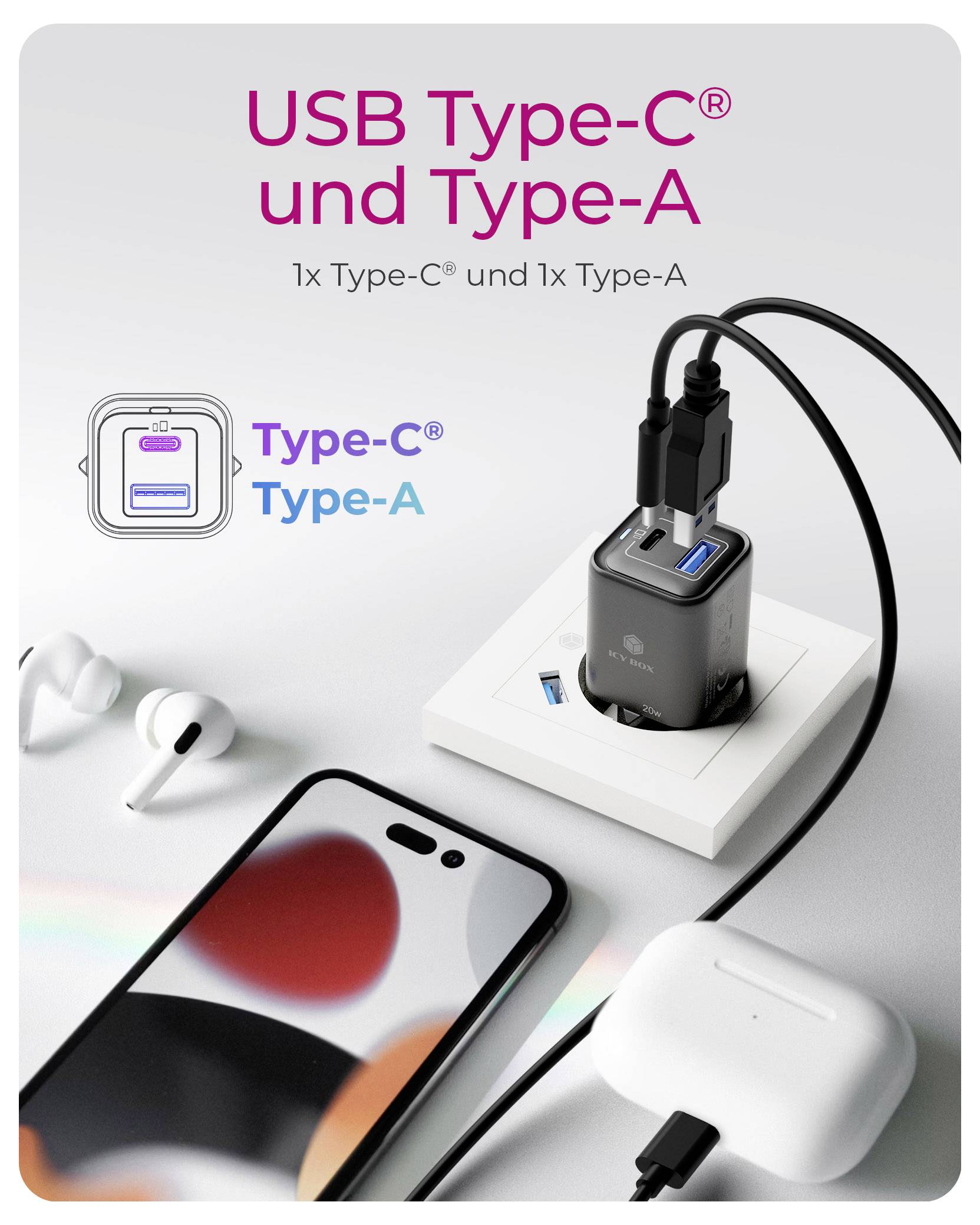'USB Type-C en Type-A oplader' met een smartphone en oordopjes aangesloten, ter illustratie van de dubbele oplaadmogelijkheden.