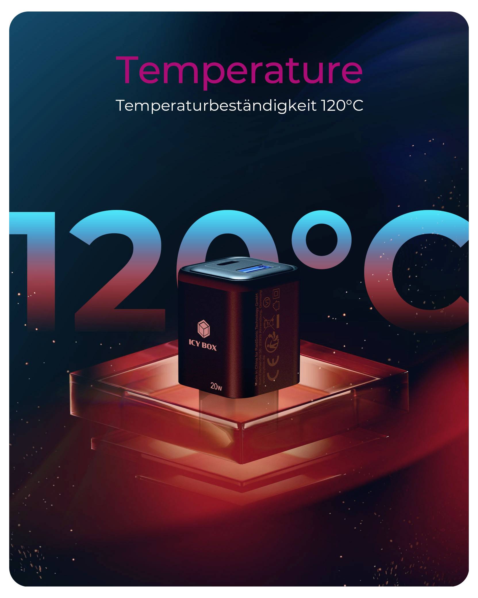 'Temperatuur' productontwerp dat een hittebestendige doos toont op een gloeiend rood platform, gelabeld 'Temperatuurbestendigheid 120°C'.