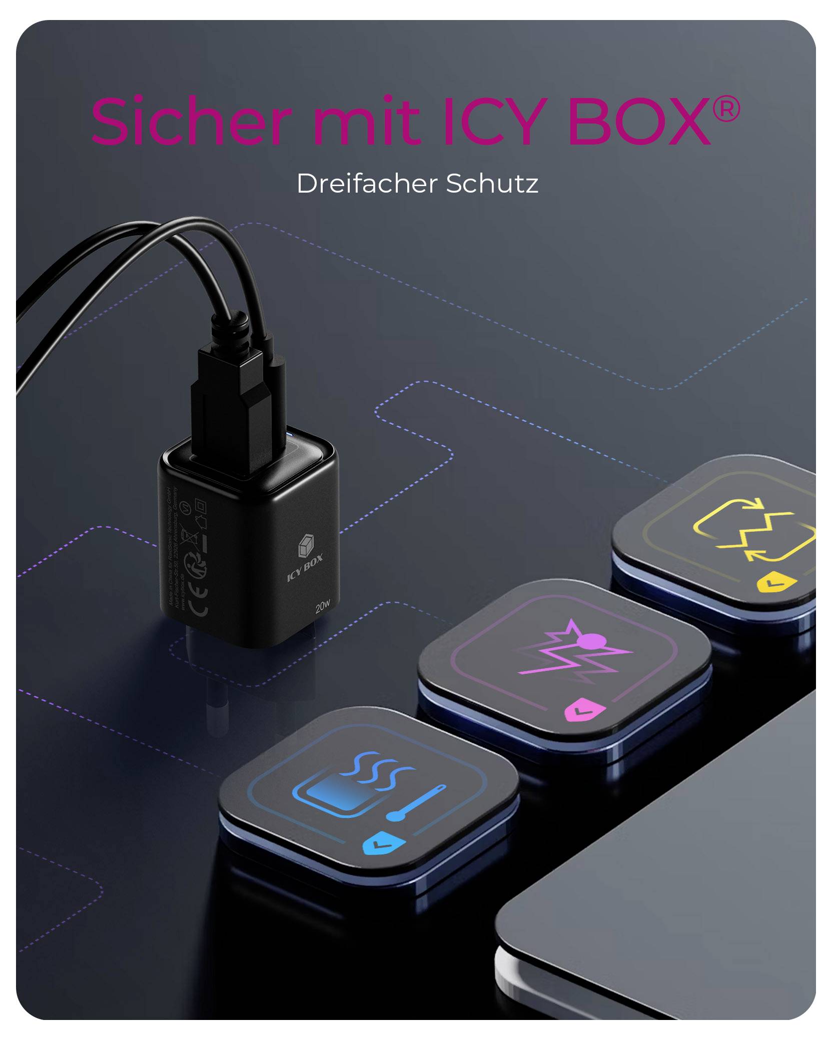 Een zwart oplaadapparaat met een kabel wordt getoond naast drie oplichtende pictogrammen die temperatuur, vermogen en gegevensbescherming voorstellen. Tekst luidt 'Veilig met ICY BOX. Drievoudige bescherming'.