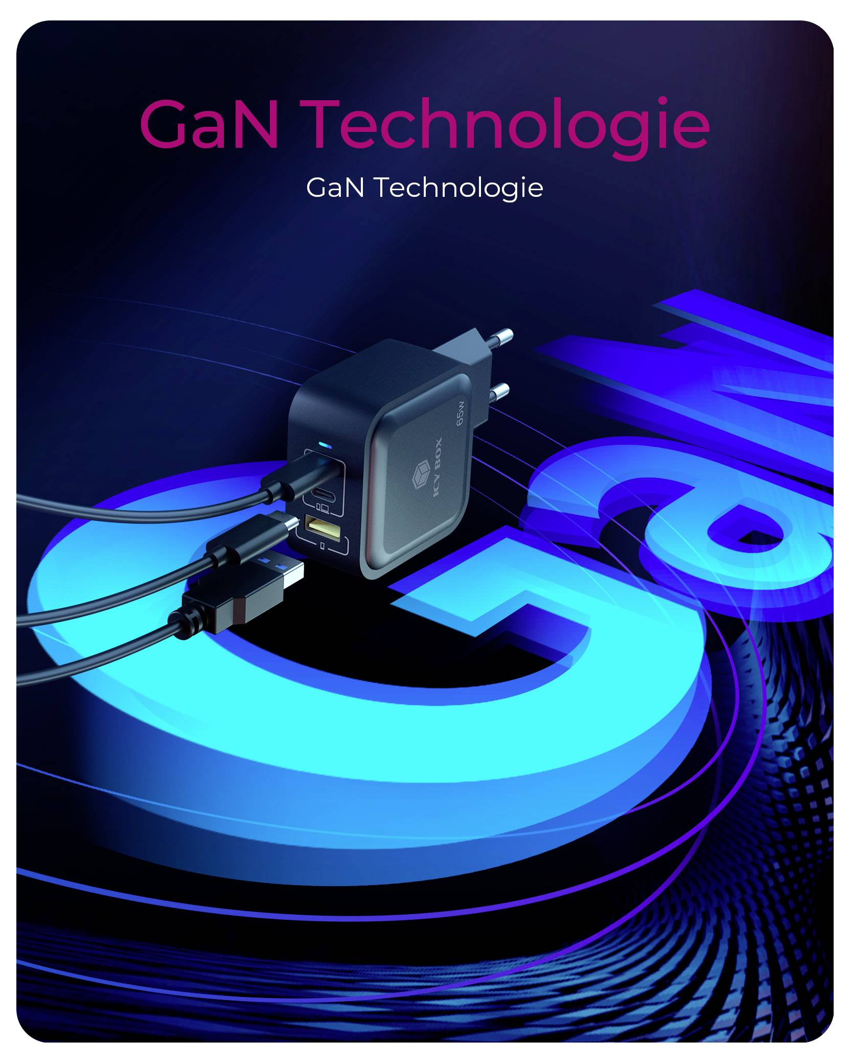 Een zwarte GaN-oplader met meerdere kabels ligt op een gestileerde blauwe 'GaN' tekst. De titel luidt 'GaN-technologie'.