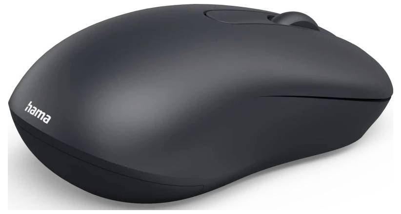Een zwarte, draadloze computer muis met de merknaam 'hama' aan de zijkant weergegeven, gefotografeerd tegen een witte achtergrond.