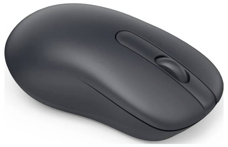 Een strakke zwarte draadloze computermuis met een scrollwiel wordt weergegeven tegen een witte achtergrond.