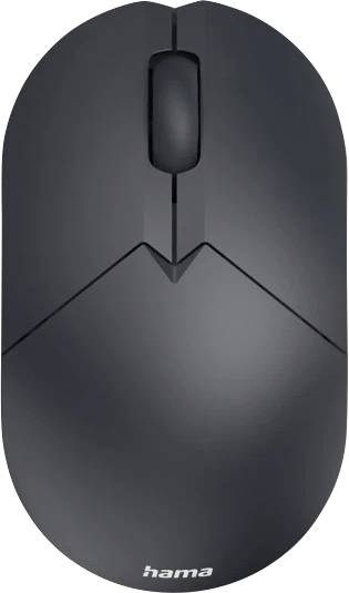 Een slanke zwarte computermuis met een scrollwiel, voorzien van een minimalistisch design en de merknaam 'hama' onderaan.