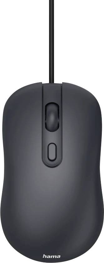 Een zwarte bedrade computermuis met een scrollwiel en twee knoppen wordt getoond vanuit een bovenaanzicht.