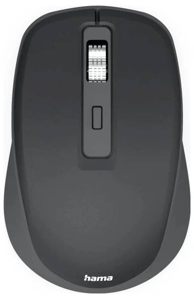 Een zwarte draadloze computermuiS met een scrollwiel en een knop bovenop, onderaan voorzien van het label 'hama', tegen een witte achtergrond.