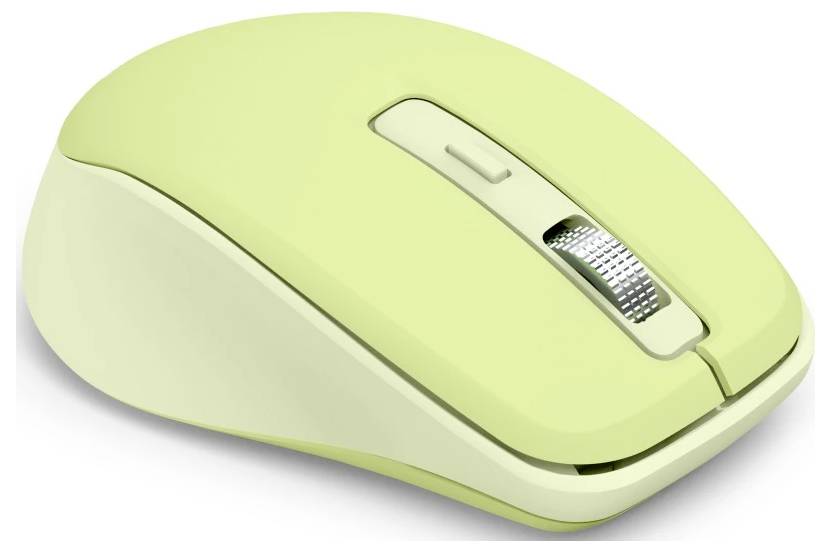 Een lichtgroene draadloze computermuismet een scrollwiel en twee knoppen, rustend op een wit oppervlak.