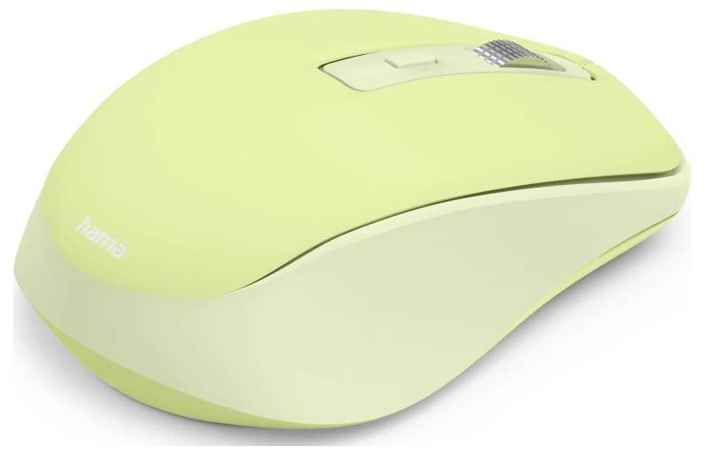 Een lichtgroene draadloze computermuis met een scrollwiel en een kleine knop, met het merk 'hama' aan de zijkant.