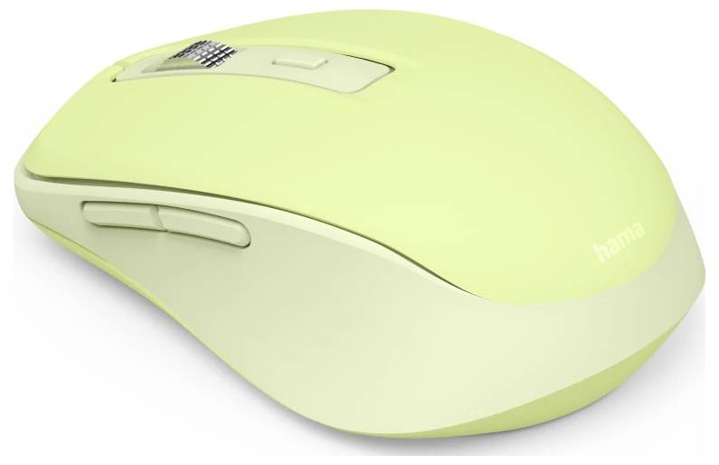 Een lichtgroene draadloze computermuis met twee knoppen en een scrollwiel, weergegeven op een witte achtergrond.