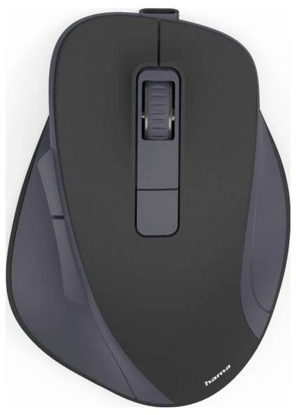 Donkergrijze computermuis met een scrollwiel, ergonomisch ontwerp en een strak, modern uiterlijk.