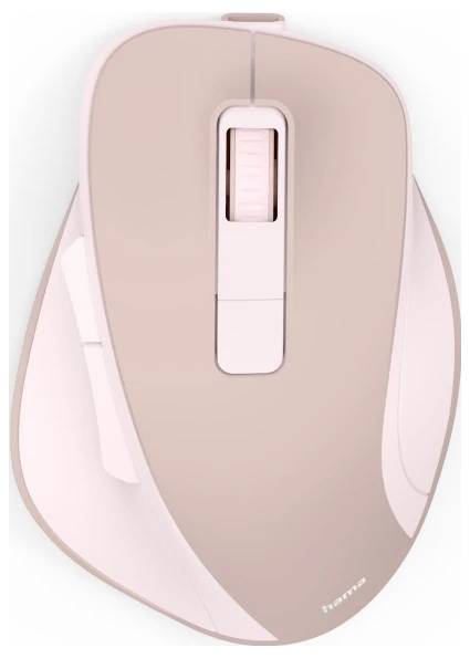 Een lichtroze draadloze computermuis met een scrollwiel en ergonomisch ontwerp, met de merknaam nabij de onderkant.