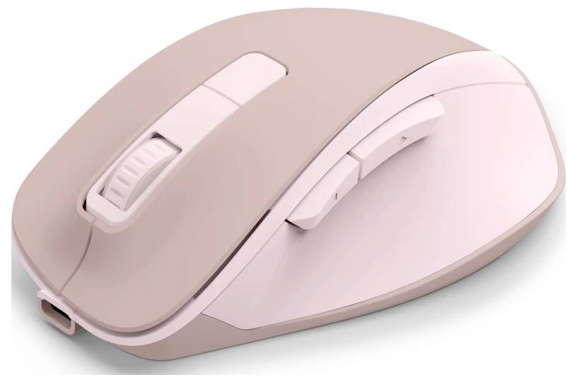 Een roze draadloze computermuis met een scrollwiel en twee knoppen bovenop, ontworpen voor rechtshandige gebruikers, afgebeeld op een witte achtergrond.