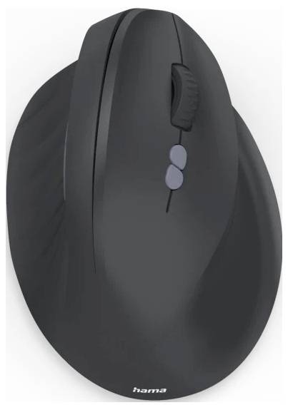 Een zwarte ergonomische computermuis met een verticaal ontwerp, twee knoppen aan de zijkant, een scrollwiel, en het merk 'Hama' aan de onderkant.