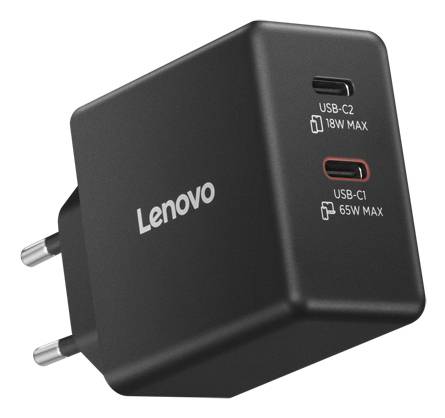 'Lenovo-oplader met twee USB-C-poorten. USB-C1 ondersteunt max. 65W, USB-C2 ondersteunt max. 18W. Europese stekkeruitvoering, zwarte kleur.'