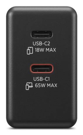 Een zwarte oplader met twee USB-C-poorten: 'USB-C1 65W MAX' voor snel laden en 'USB-C2 18W MAX' voor standaard opladen.