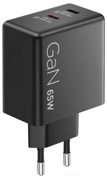 Een zwarte 65W GaN-oplader met USB-C-poort, ontworpen voor snel opladen, getoond met Europese stekkerpennen.