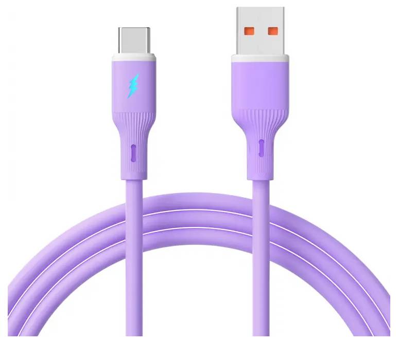 Paarse USB-C naar USB-A kabel, bliksemschicht symbool op USB-C connector, drie lussen van de kabel zichtbaar.
